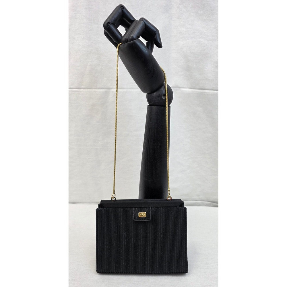 DKNY‎ Black Ribbed Clutch Evening Bag Gold Chain Strap Evening Party